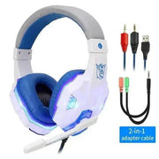 Led Light Wired Gamer Headset with 2-in-1 adapter cable, vibrant LED illumination, noise-canceling mic, and ergonomic design.