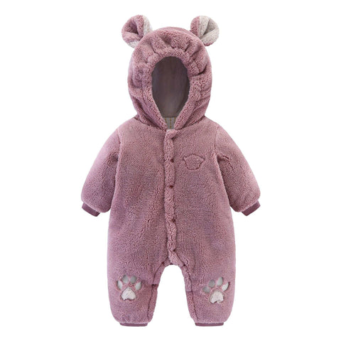 Cozy pink newborn baby onesie with hood and bear ears for warmth and style.