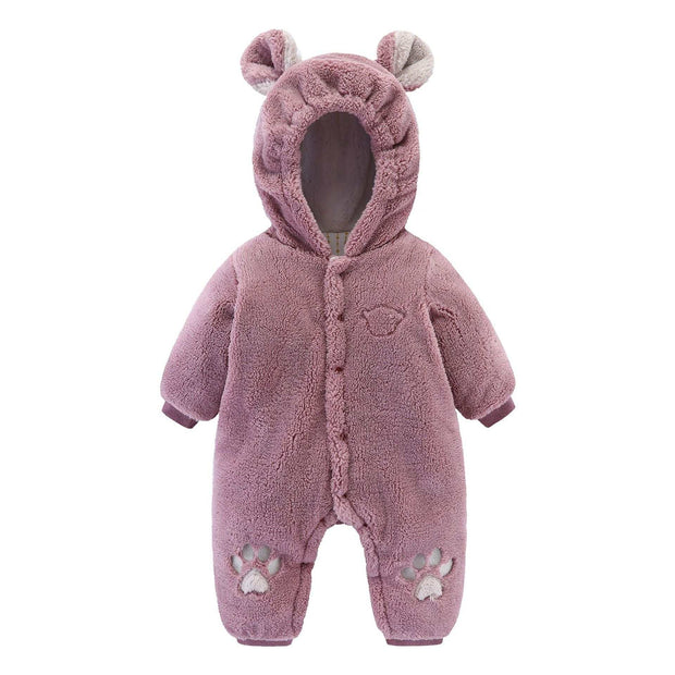 Cozy pink newborn baby onesie with hood and bear ears for warmth and style.