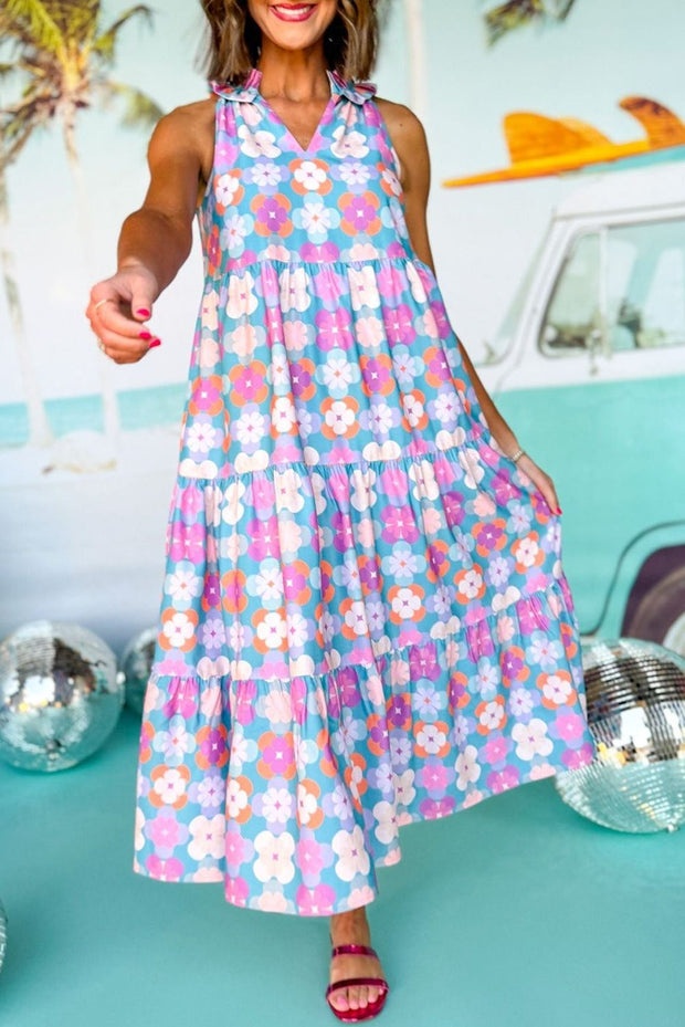 Sleeveless 60s Flower Maxi Dress with vibrant floral print and tiered skirt