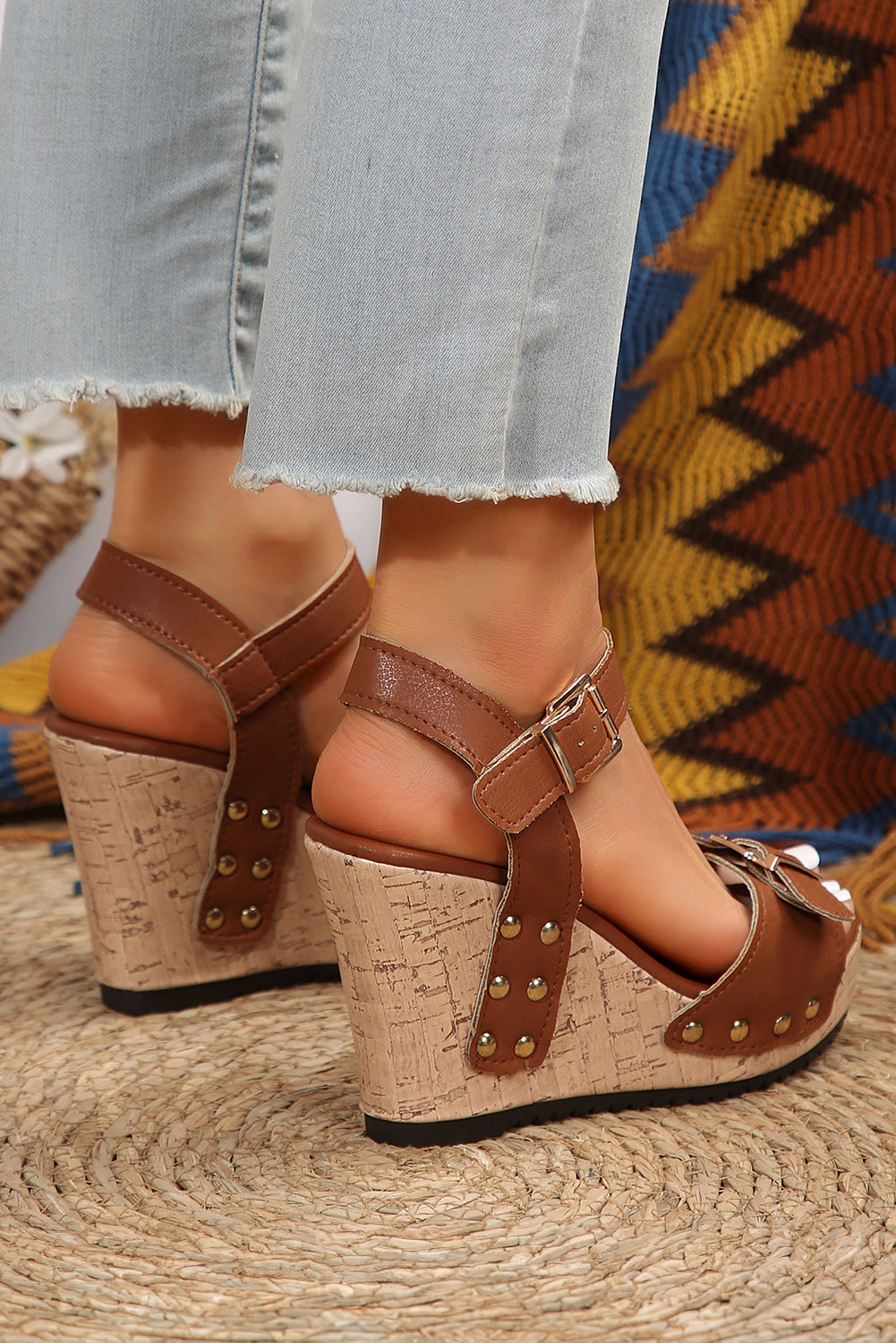 Camel Rivet Wedge Sandals