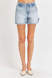 RISEN Denim Shorts with mid-rise waist and frayed hems, showcasing a classic and versatile style.