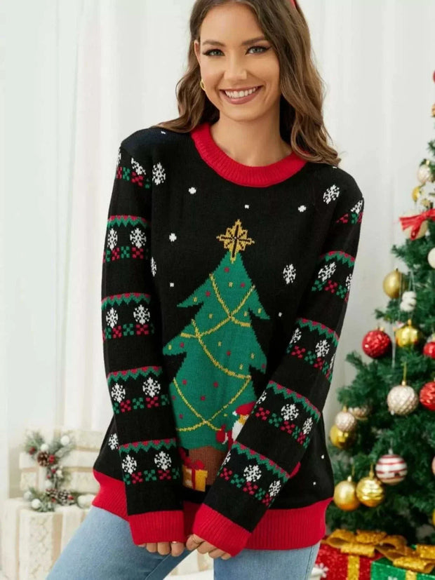 Woman wearing Christmas Tree Santa round neck sweater with festive patterns and holiday decorations