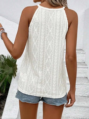 Textured round neck tank with intricate fabric design, casual wear.