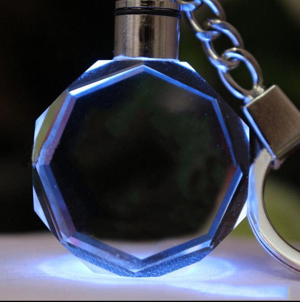 Crystal Keychain with Custom Photo featuring octagonal design and LED light.