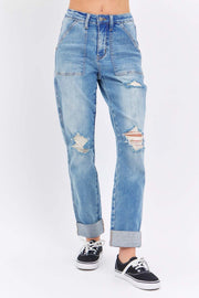 Judy Blue Distressed Straight Jeans with ripped detailing and rolled cuffs.