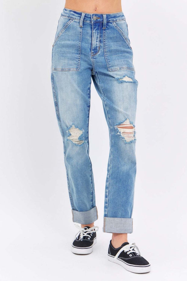 Judy Blue Distressed Straight Jeans with ripped detailing and rolled cuffs.