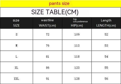 Tether Shorts for Men size chart with waist, hip, and length measurements in centimeters.