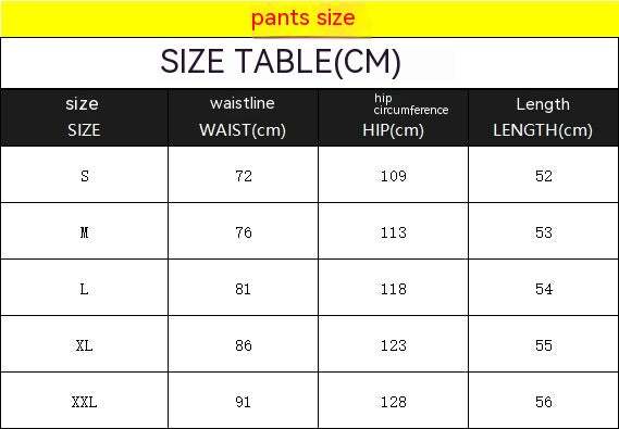 Tether Shorts for Men size chart with waist, hip, and length measurements in centimeters.