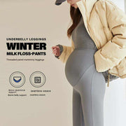 Fleece-lined maternity pants in gray with a stretchy waistband for abdominal support, suitable for winter wear.