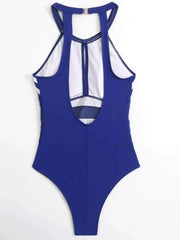 Blue mesh backless one-piece swimsuit with cutout details and moderate stretch fabric