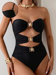 Sweetheart Neck Cutout Swimsuit in black with elegant cutouts and heart-shaped neckline, enhancing natural curves and style.