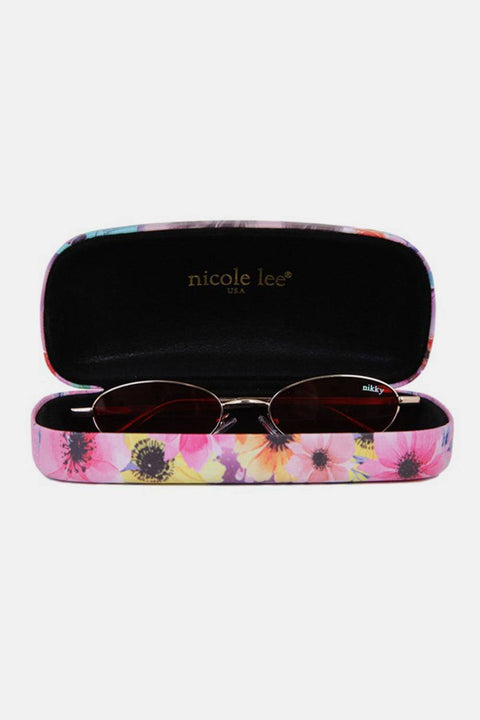 Nicole Lee Finley Oval Metal Frame Sunglasses in floral case.