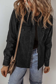 Denim Button-Up Jacket with front pockets, styled casually with jeans.