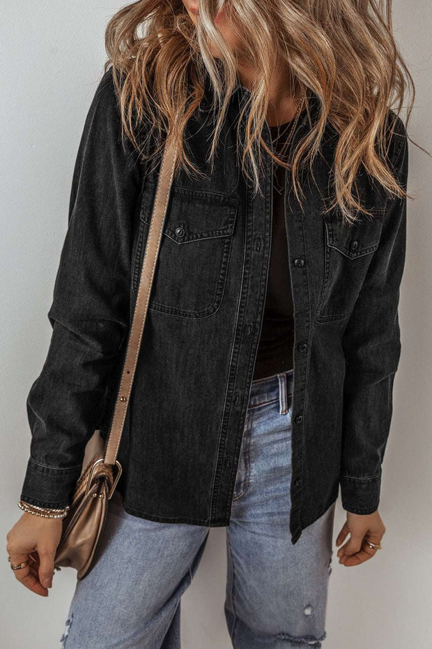 Denim Button-Up Jacket with front pockets, styled casually with jeans.