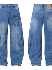 Men's blue wide leg cargo jeans with multiple pockets front and back view