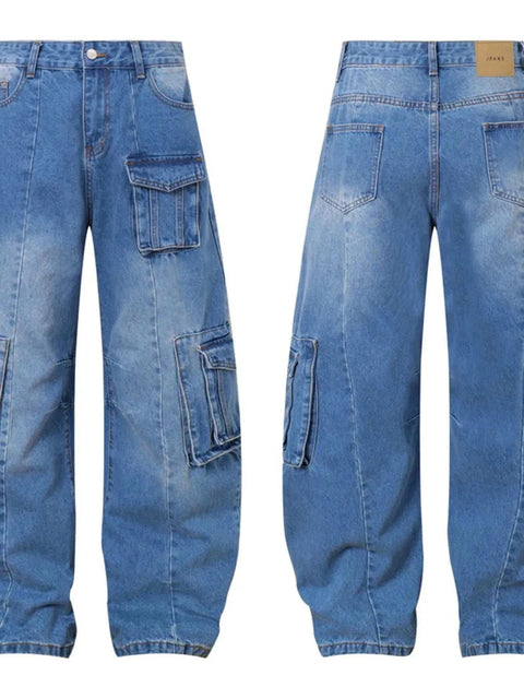 Men's blue wide leg cargo jeans with multiple pockets front and back view