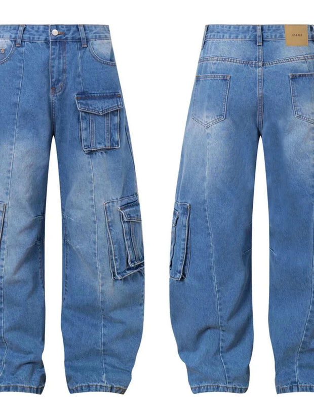 Men's blue wide leg cargo jeans with multiple pockets front and back view