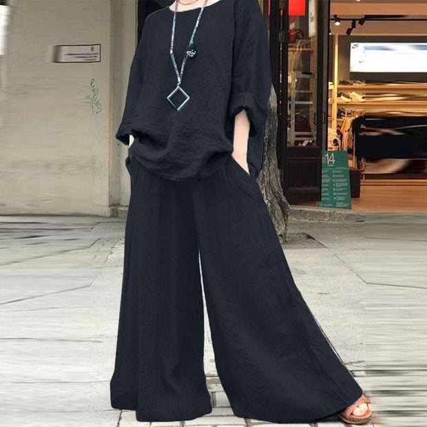 Solid color linen pants and shirt set for stylish everyday wear.