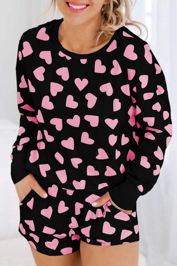 Pink Heart Print Loungewear Set with cozy top and matching shorts.