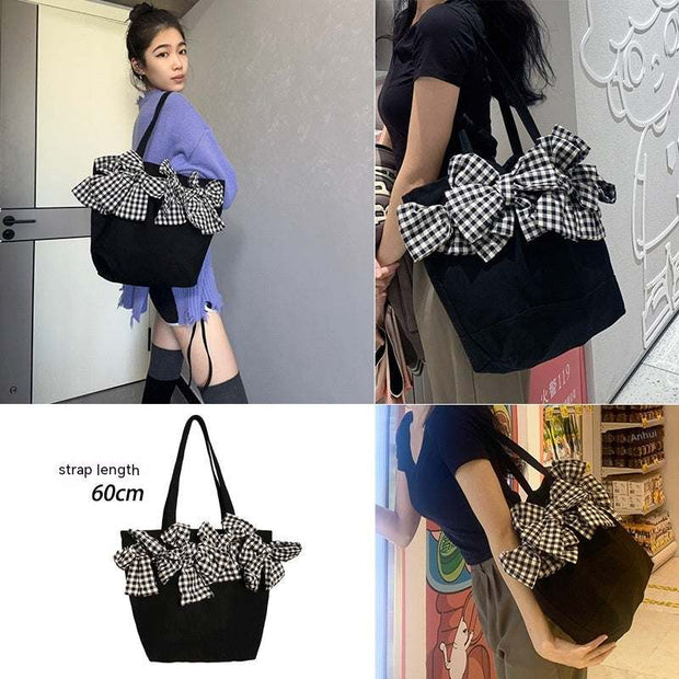 Big Bow Crossbody Bag with oversized bow, black color, multiple style views and strap length detail.