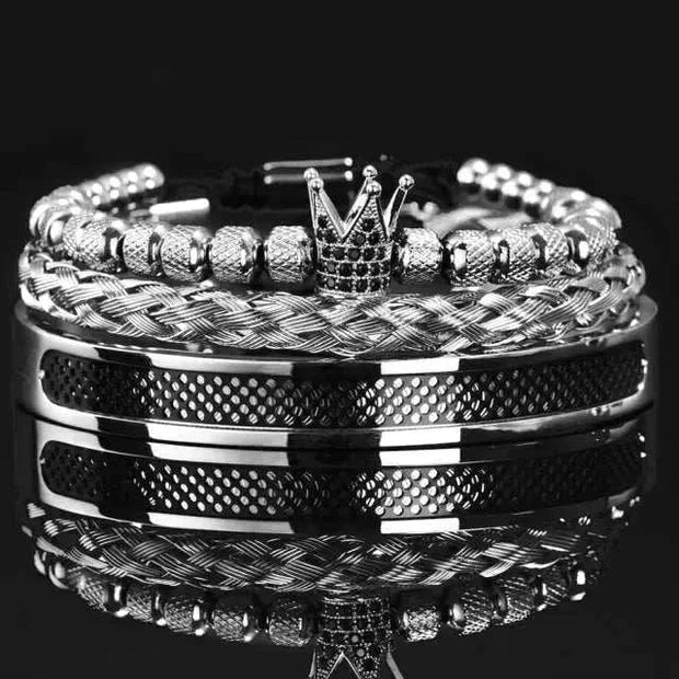 Handmade men crown bracelets with gold-plated crown charms and Pave CZ beads.