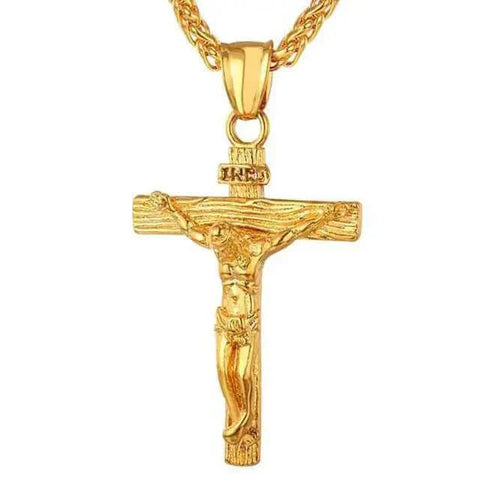 Elegant gold cross necklace with intricate design, symbolizing faith and devotion.
