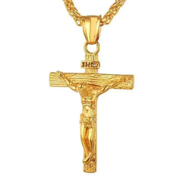 Elegant gold cross necklace with intricate design, symbolizing faith and devotion.