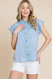 Lime N Chili Flutter Sleeve Button Down Shirt with mineral wash fabric and flutter sleeves.