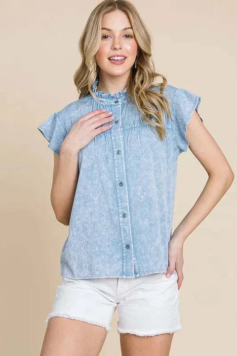 Lime N Chili Flutter Sleeve Button Down Shirt with mineral wash fabric and flutter sleeves.