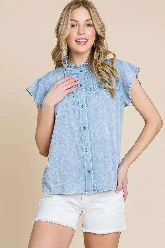 Lime N Chili Flutter Sleeve Button Down Shirt with mineral wash fabric and flutter sleeves.
