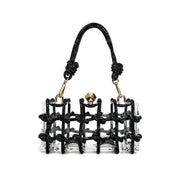 French Rhinestone Square Handbag with black rhinestone design and detachable chain strap.