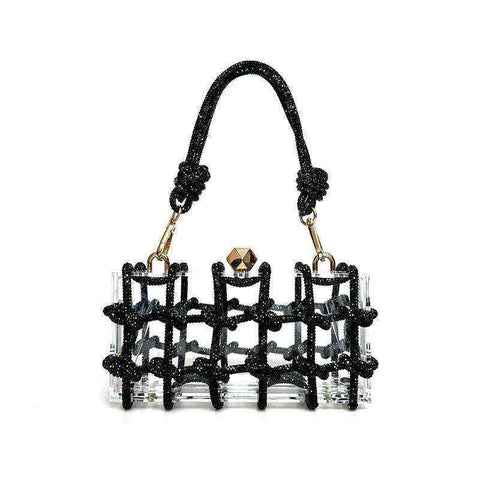 French Rhinestone Square Handbag with black rhinestone design and detachable chain strap.