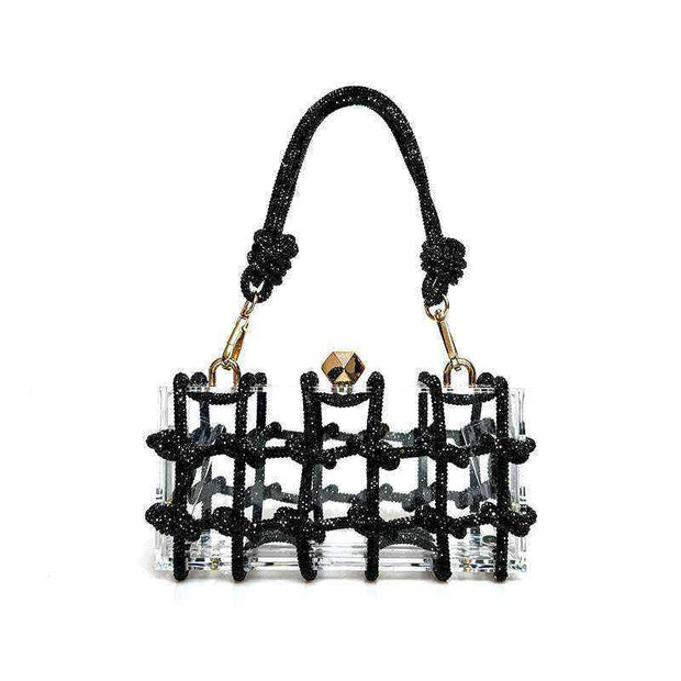 French Rhinestone Square Handbag with black rhinestone design and detachable chain strap.