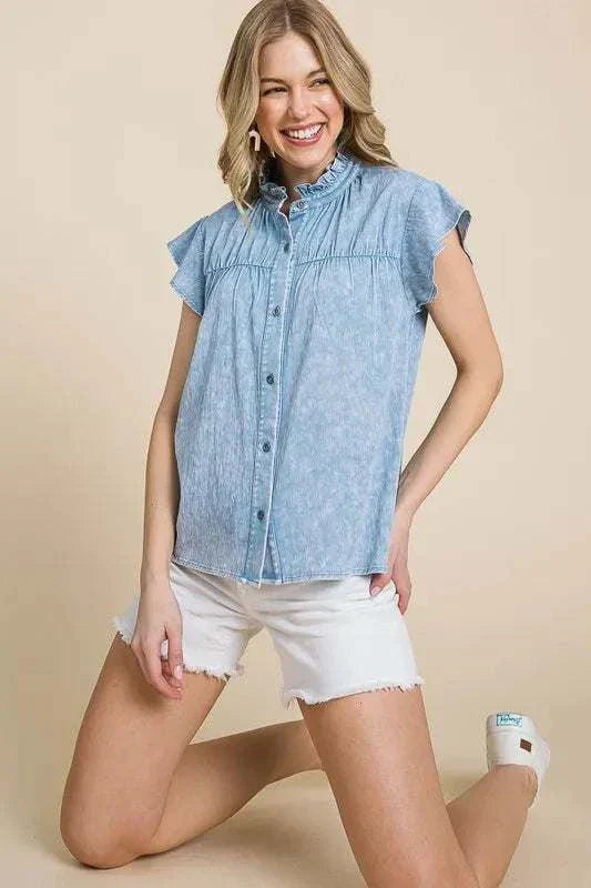 Lime N Chili Flutter Sleeve Button Down Shirt in mineral wash fabric, showcasing flutter sleeves and buttoned front, worn with white shorts.