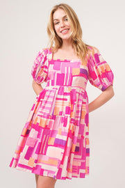 Color Block Puff Sleeve Dress with vibrant pattern and puff sleeves.