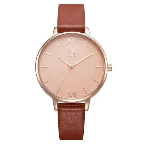 Shengke Fashion Watch with sleek face and brown leather band.