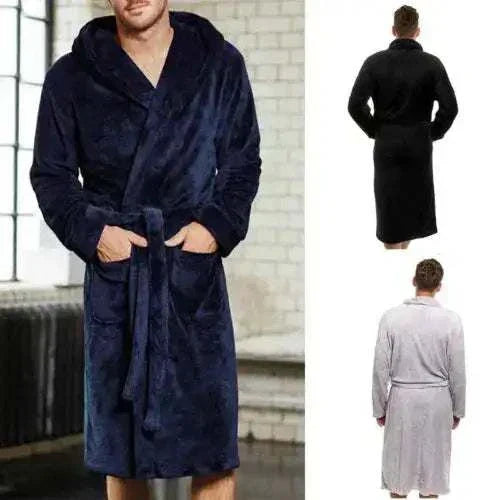 Mens Bathrobe in navy, black, and grey options with adjustable belt and pockets.