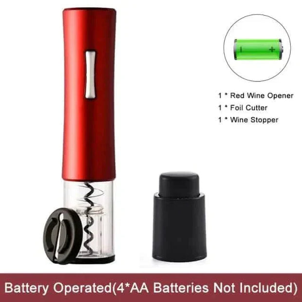 Automatic Wine Bottle Opener with foil cutter and stopper, sleek red design, battery operated.
