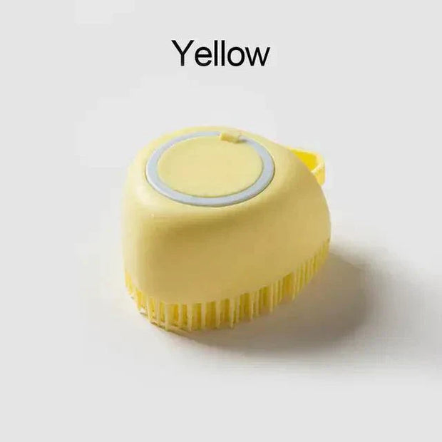 Yellow Soft Silicone Dog Brush for gentle pet grooming and shampoo application.