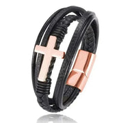 Mens Chakra Bracelet with cross design and leather bands in black, featuring stainless steel accents.