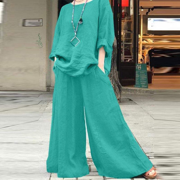 Solid color linen pants and shirt set for women, lightweight cotton material.