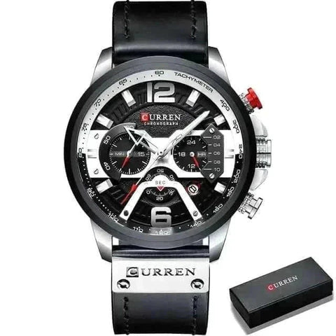 Military Leather Chronograph Watch with bold dial, leather strap, and precision sub-dials.