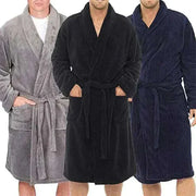 Mens bathrobe in various colors, featuring adjustable belt and spacious pockets for comfort and style.