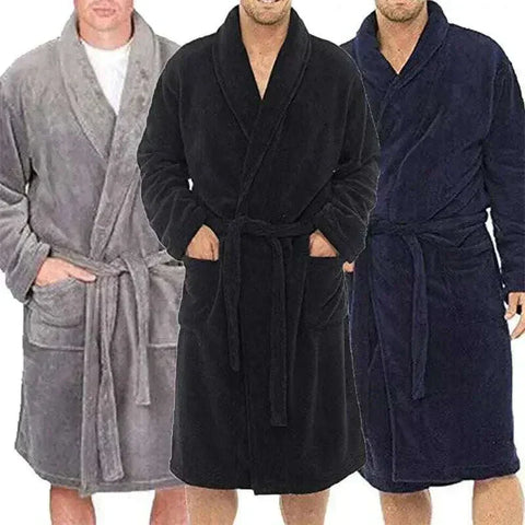 Mens bathrobe in various colors, featuring adjustable belt and spacious pockets for comfort and style.