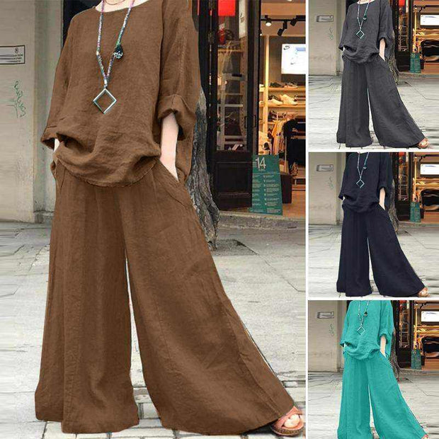 Solid color linen pants and shirt set in various colors, featuring high-quality cotton linen material.
