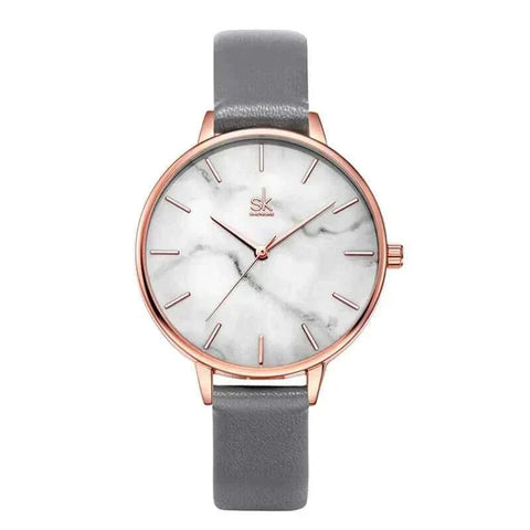 Stylish Shengke Fashion Watch with marble dial and gray leather band.