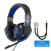 Led Light Wired Gamer Headset with LED lights, noise-canceling mic, and 2-in-1 adapter cable.