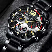 Sophisticated men's business watch with black stainless steel band and detailed dial.