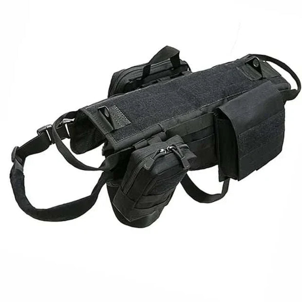 Tactical Military Dog Harness in solid black with durable nylon material and adjustable straps.